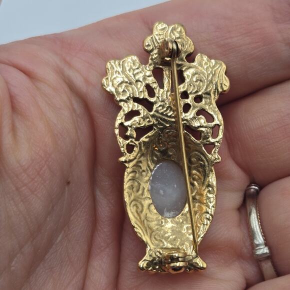 Vintage 1928 Jewlery Pink Blue Rhinestone Pearl Flower Bouquet Urn Brooch Pin - Picture 3 of 4